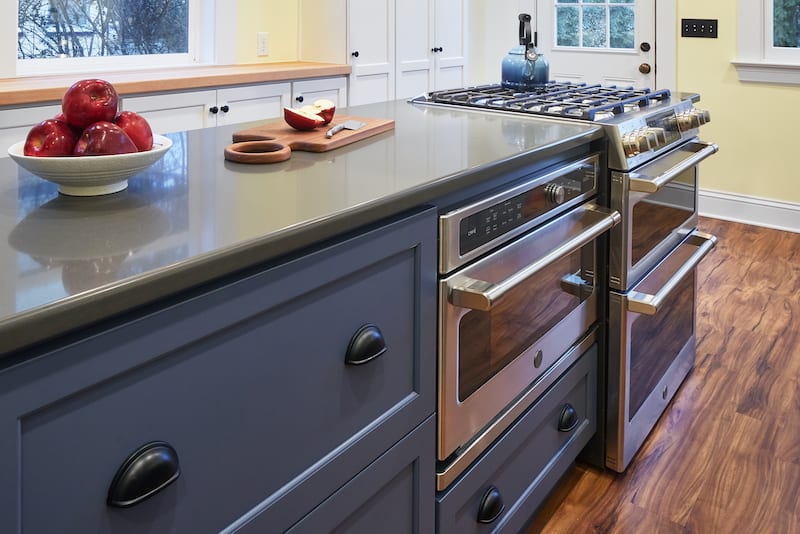 SE Portland Kitchen Remodel Blue Cabinets Range